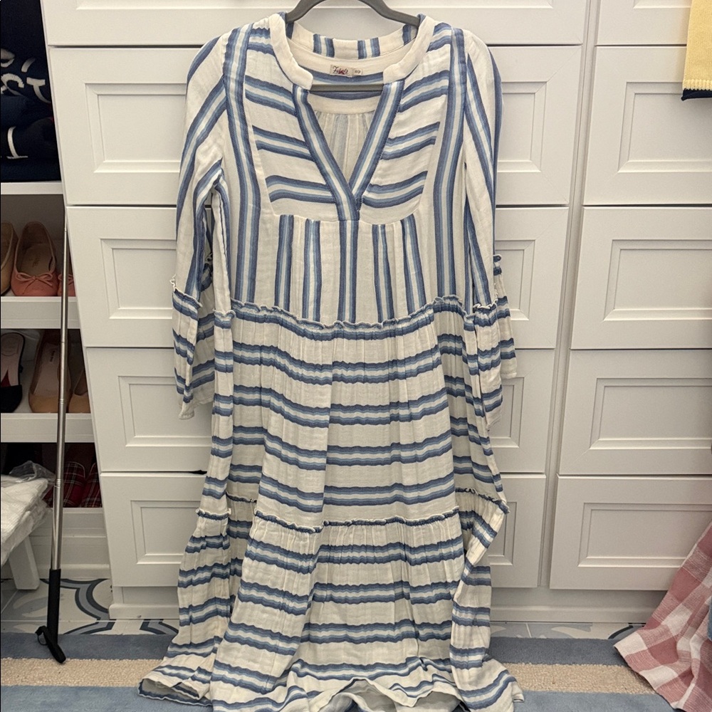 Faherty Blue and White Striped Women's V-Neck Tiered Dress